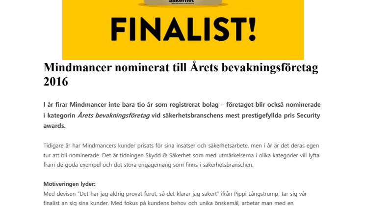Mindmancer nominerat till Årets bevakningsföretag 2016