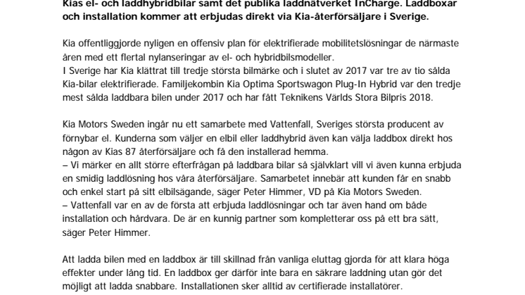 Kia och Vattenfall i samarbete kring hemmaladdning
