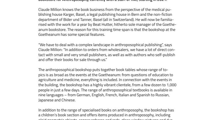 “Direct contact to small and tiny publishers”. The Goetheanum Bookstore: New Co-Managing Director Claude Million