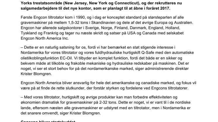 Engcon tiltrotator vil nu også effektivisere gravearbejdet i USA og Canada