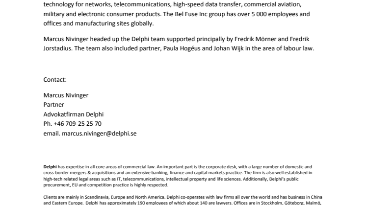 Delphi advises NASDAQ-listed Bel Fuse Inc on its acquisition of Gigacom Interconnect AB