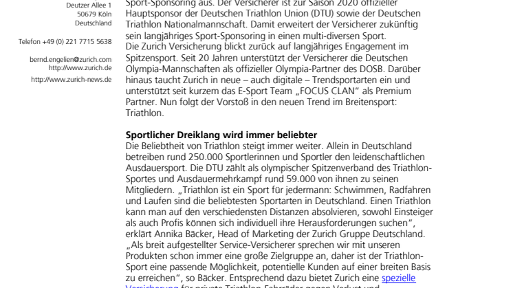 Zurich wird Hauptsponsor der Deutschen Triathlon Union