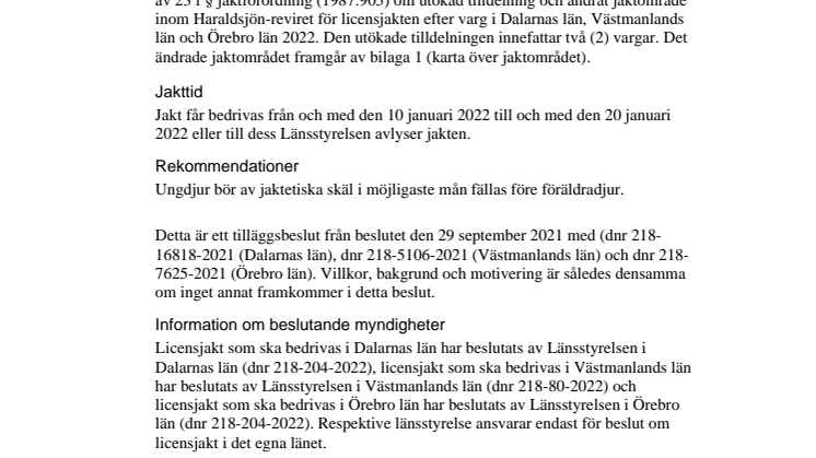 Beslut om utökad tilldelning och ändrat jaktområde för licensjakten efter varg i Dalarnas, Västmanlands och Örebro län 20220110.pdf