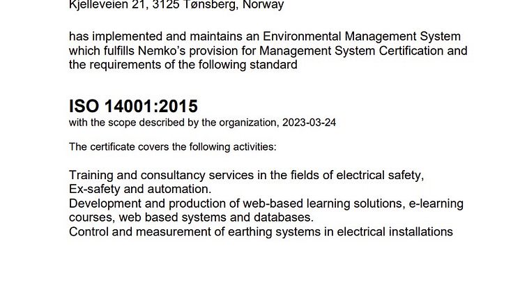 ISO 14001 Certificate Nemko