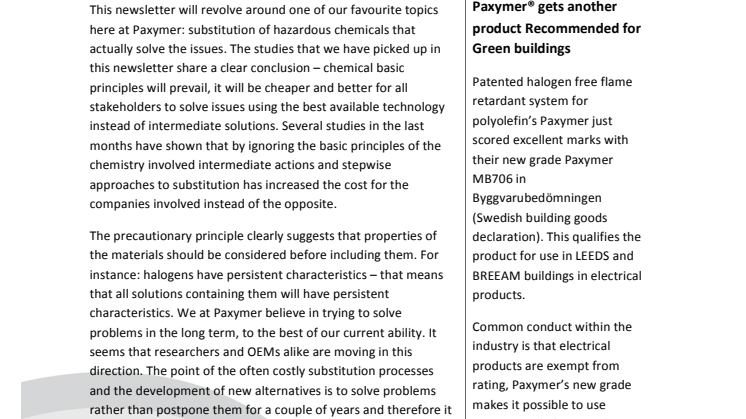 Paxymer newsletter May 2014: Substitution for the better