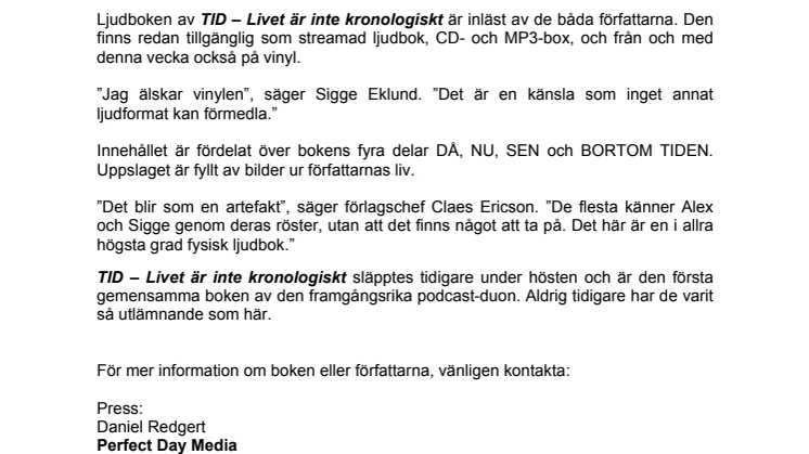 PRESSMEDDELANDE: Boken TID av Alex & Sigge som unik ljudbok på vinyl