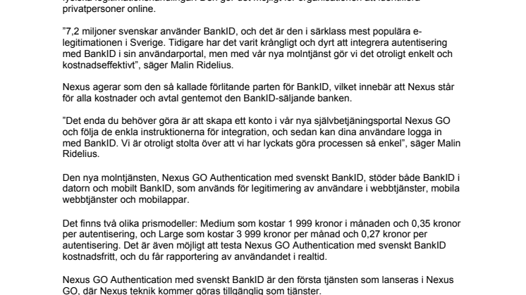 Nexus lanserar integration med svenskt BankID som molntjänst