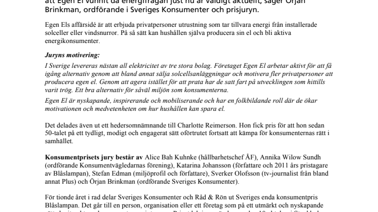 Egen El får årets Konsumentpris