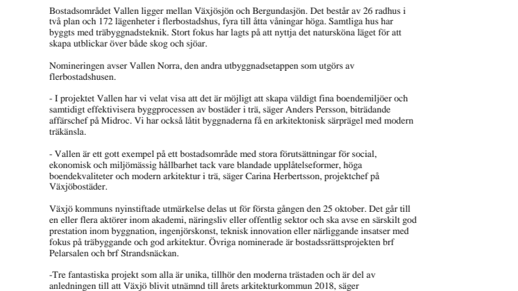Midrocs och Växjöbostäders nybyggnadsprojekt nomineras till träbyggnadspris