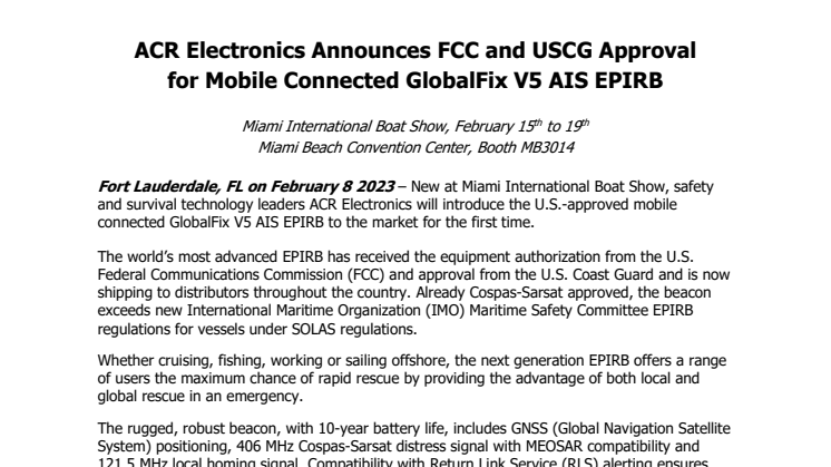 Miami 2023 - ACR Electronics Announces FCC and USCG Approval for Mobile Connected GlobalFix V5 AIS EPIRB.pdf