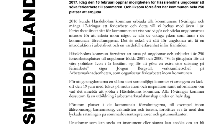 250 feriearbeten sommaren 2017 – Hässleholms kommun fortsätter satsa stort på ungdomar!
