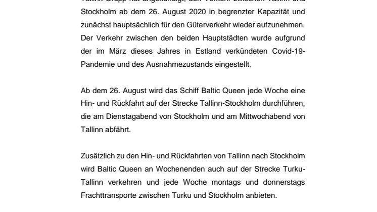 Tallink nimmt Ende August den begrenzten Seeverkehr zwischen Tallinn und Stockholm wieder auf