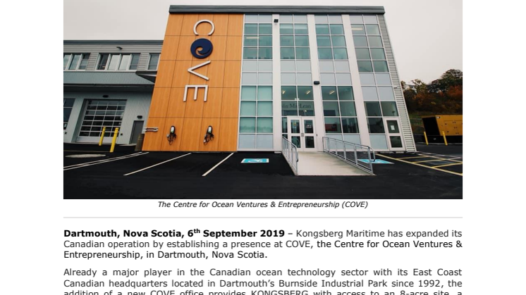 Kongsberg Maritime expands Canadian operations  to high-tech ocean technology hub, COVE