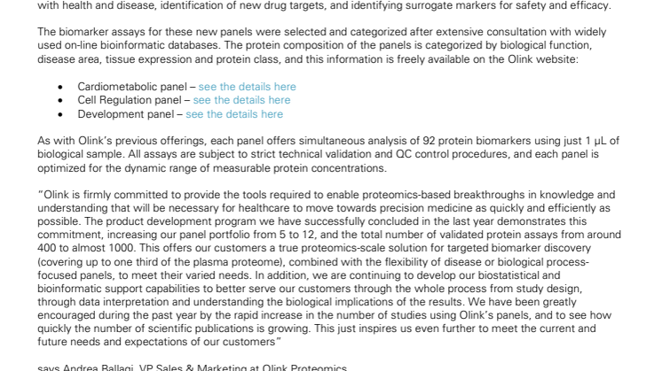 Olink Proteomics announces the availability of three additional biomarker panels focused on key biological processes with broad clinical relevance