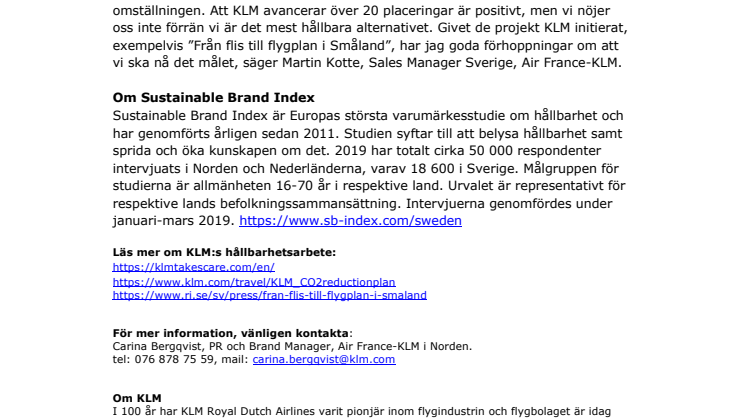 KLM klättrar på Sustainable Brand Index 