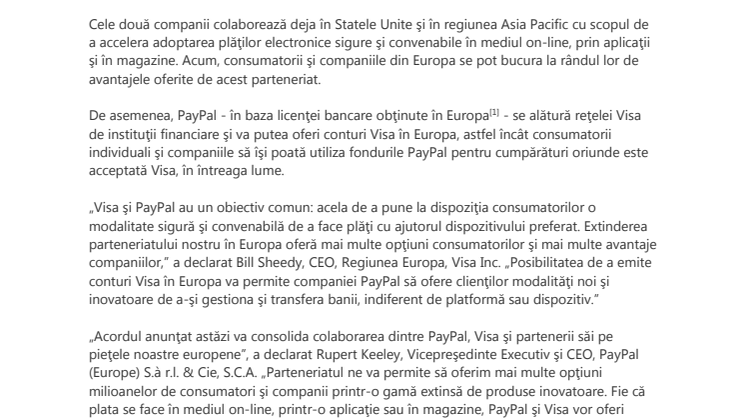 Visa şi PayPal îşi extind parteneriatul şi în Europa