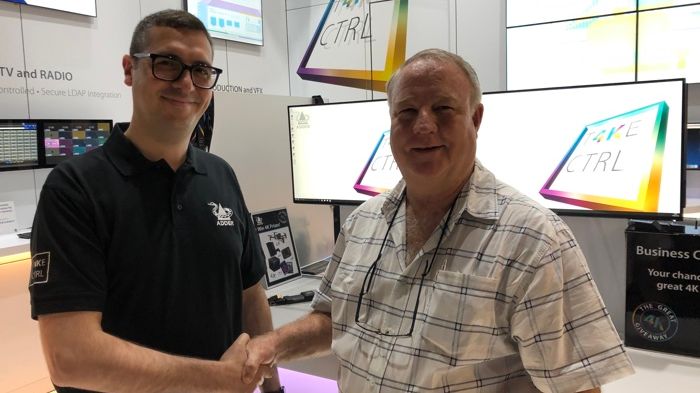 Photo: Left: Stavros Theodoridis, sales manager MEA, Right: Leon Labuschagne, director, Zimele. Announce the partnership live at IBC 2019 in The Netherlands