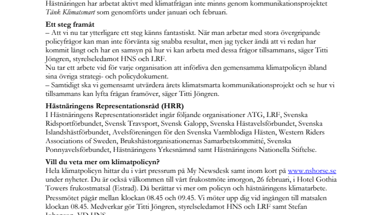 Premiär för gemensam klimatpolicy för hästnäringen