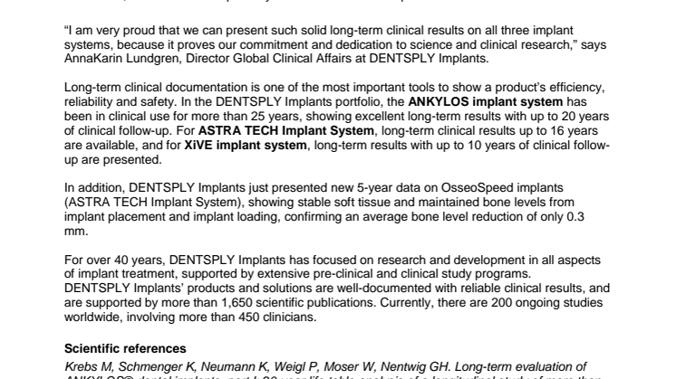 Long-term documentation presented on all implant systems from DENTSPLY Implants 