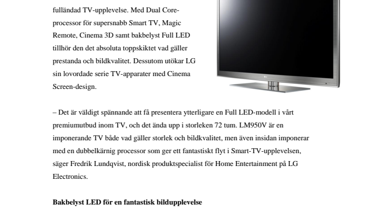 SNABBARE OCH STÖRRE MED BÄTTRE BILD – LG LANSERAR BAKBELYST 72-TUMS LED-TV