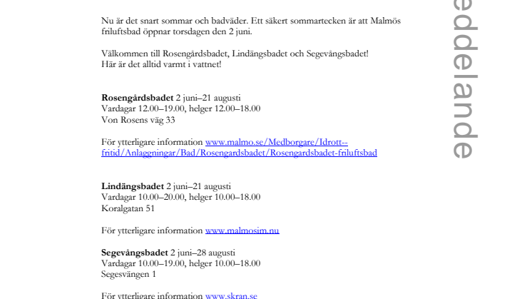 Malmös friluftsbad öppnar den 2 juni