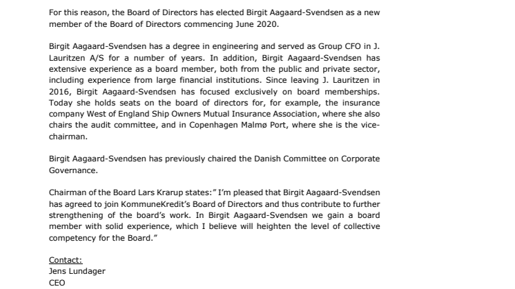 New member of KommuneKredit’s Board of Directors