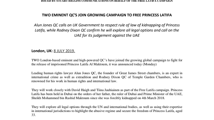 TWO EMINENT QC’S JOIN GROWING CAMPAIGN TO FREE PRINCESS LATIFA #FREELATIFA