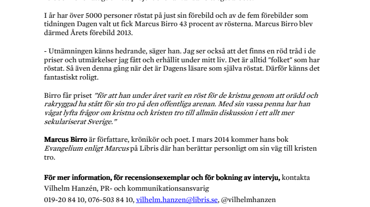 Marcus Birro utsedd till Årets förebild