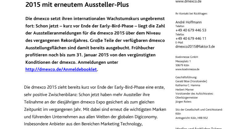 Kurz vor Ende der Early-Bird-Phase: dmexco 2015 mit erneutem Aussteller-Plus