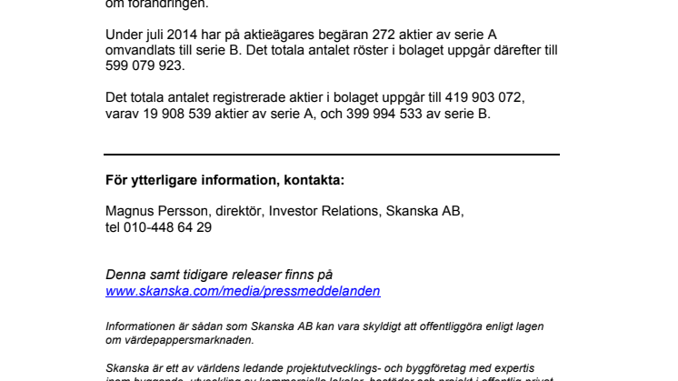 Omvandling av aktier i Skanska AB