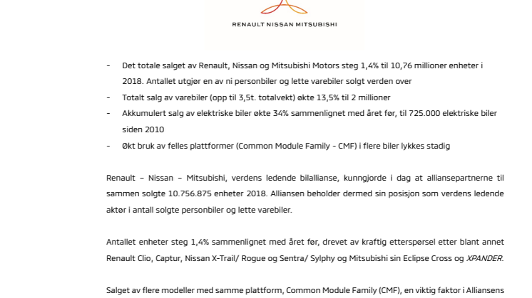 Alliansemedlemmene solgte tilsammen 10,76 millioner biler i 2018