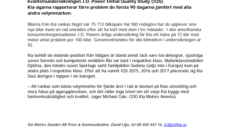 Nytt toppbetyg för Kia i J.D. Powers kvalitetsindex