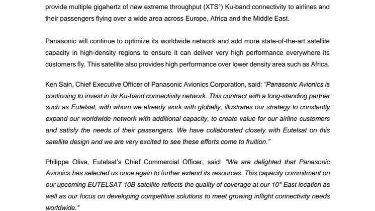Panasonic Avionics teams up with Eutelsat to deliver XTS in-flight connectivity across Europe and the Middle East