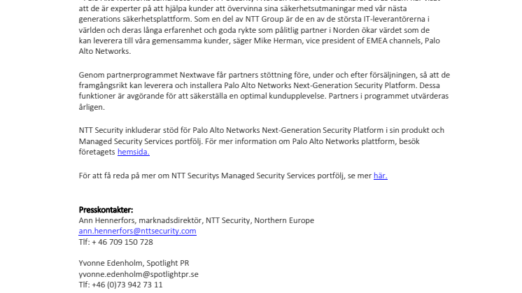 Palo Alto Networks utser NTT Security till  Nextwave Diamond Partner i Norden