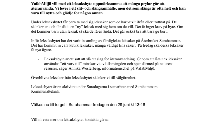 Leksaksbyte i Surahammar den 29 juni - leksaker söker nya ägare