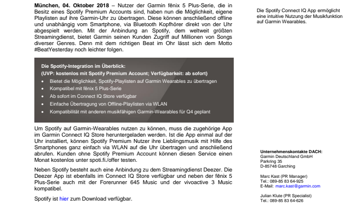 Spotify jetzt auf Garmin fēnix 5 Plus-Serie verfügbar