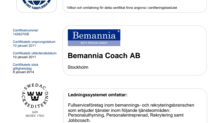 Certifikat ISO 14001:2004 Bemannia Coach AB