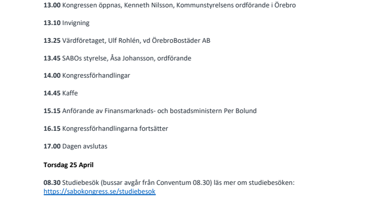 Pressprogram på SABOs kongress i Örebro 24-25 april 2019