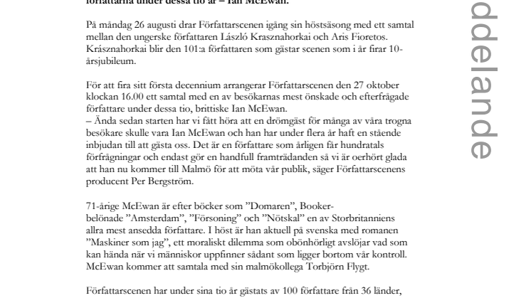 ​Författarscenen firar 10 år med Ian McEwan