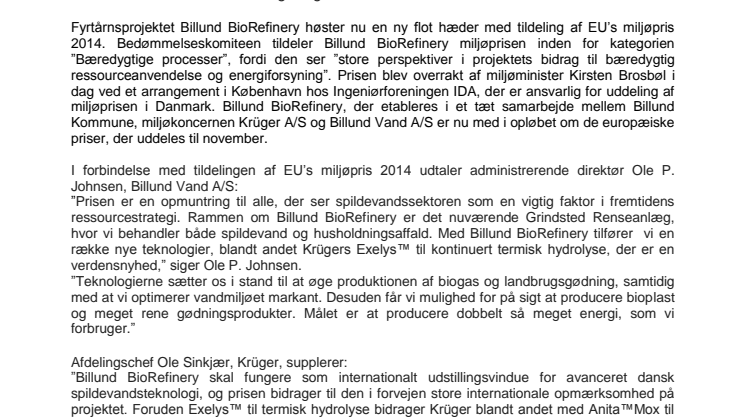 Billund BioRefinery vinder EU's miljøpris 2014