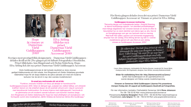 Hope är vinnare av Damernas Värld Guldknappen 2010 - Efva Attling tilldelas nya priset Damernas Värld Guldknappen Accessoar 2010