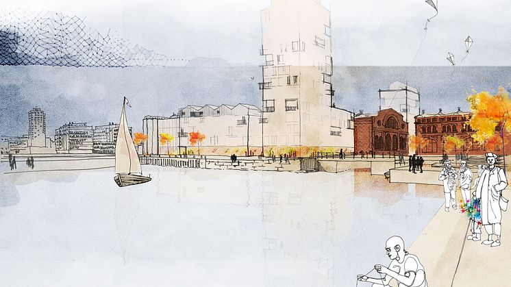 Visionsbild över kajstråket i Varvsstaden. Illustration: Atelier 01 arkitektur