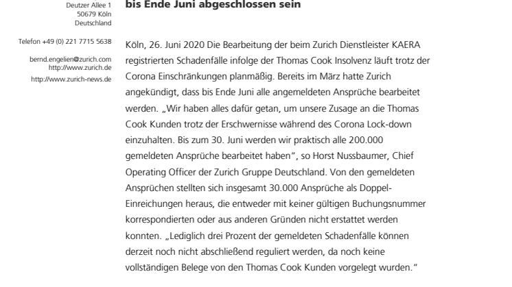 Zurich Erstattung an Thomas Cook Kunden läuft trotz Corona planmäßig