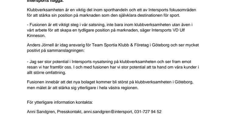 Team Sportias klubbverksamhet i Göteborg går över till Intersport