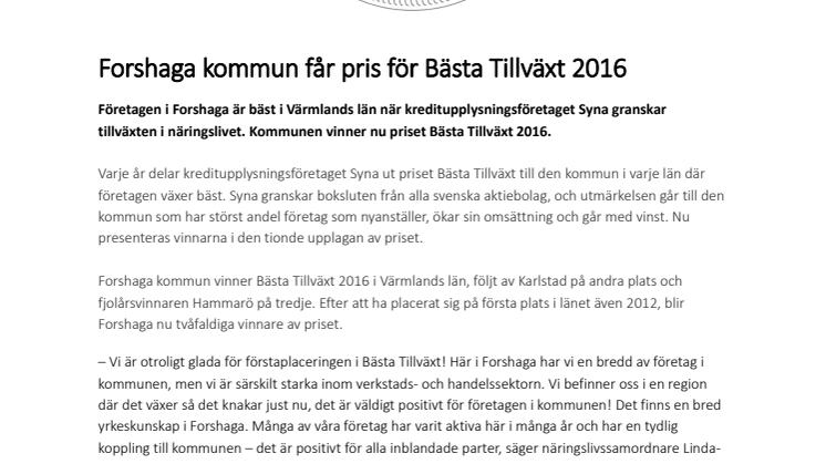 Forshaga kommun får pris för Bästa Tillväxt 2016