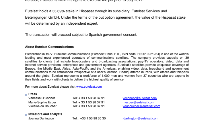 Eutelsat update statement on Hispasat sale process