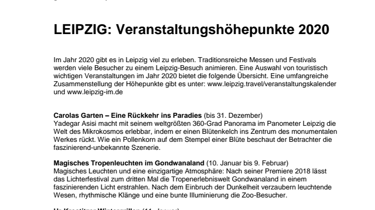 LEIPZIG - Veranstaltungshöhepunkte 2020