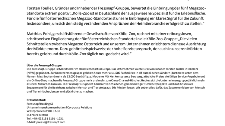 Megazoo Österreich wird Kölle Zoo: Fressnapf-Gruppe bringt ihre fünf Standorte in die Kölle Zoo Holding ein.