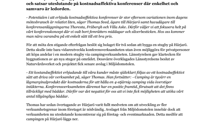 Härjarö upphör med campingverksamheten och fokuserar fullt ut på sitt unika konferenskoncept