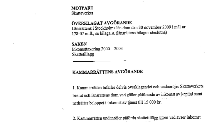 Kapitalförsäkring, skatteverket förlorade i kammarrätten